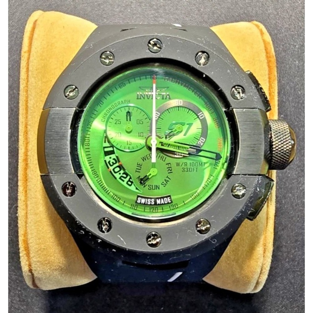 Invicta S1 Rally 6484 Mens Chronograph Watch Green Dial Black Silicone Strap